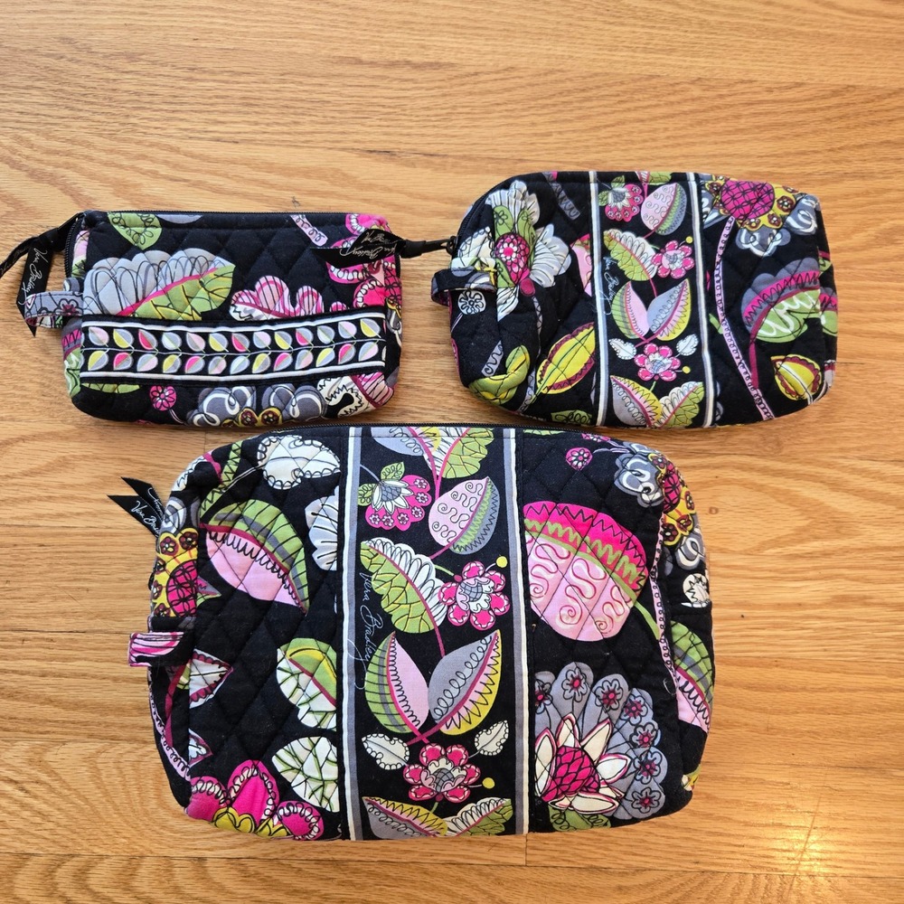 Set of 3 Vera Bradley Moon Blooms Cosmetic Bags Quilted Makeup travel Toiletries